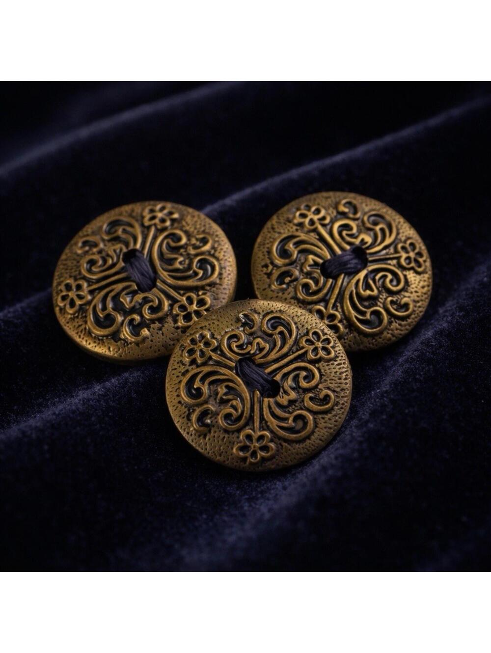 Set of 3 Antique Ornate Brass And Enamel Floral Art Nouveau Clothing Buttons